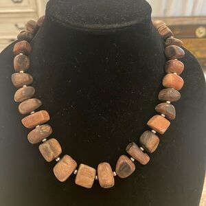 Vintage Brown Wooden Beaded Choker Collar Statement Necklace